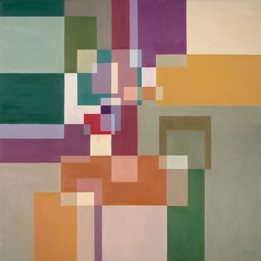 Abstract geometric painting Vitality and Faith: The Menorah Reimagined by Michal Shmuel, with bold blocks of color symbolizing the menorah’s essence.