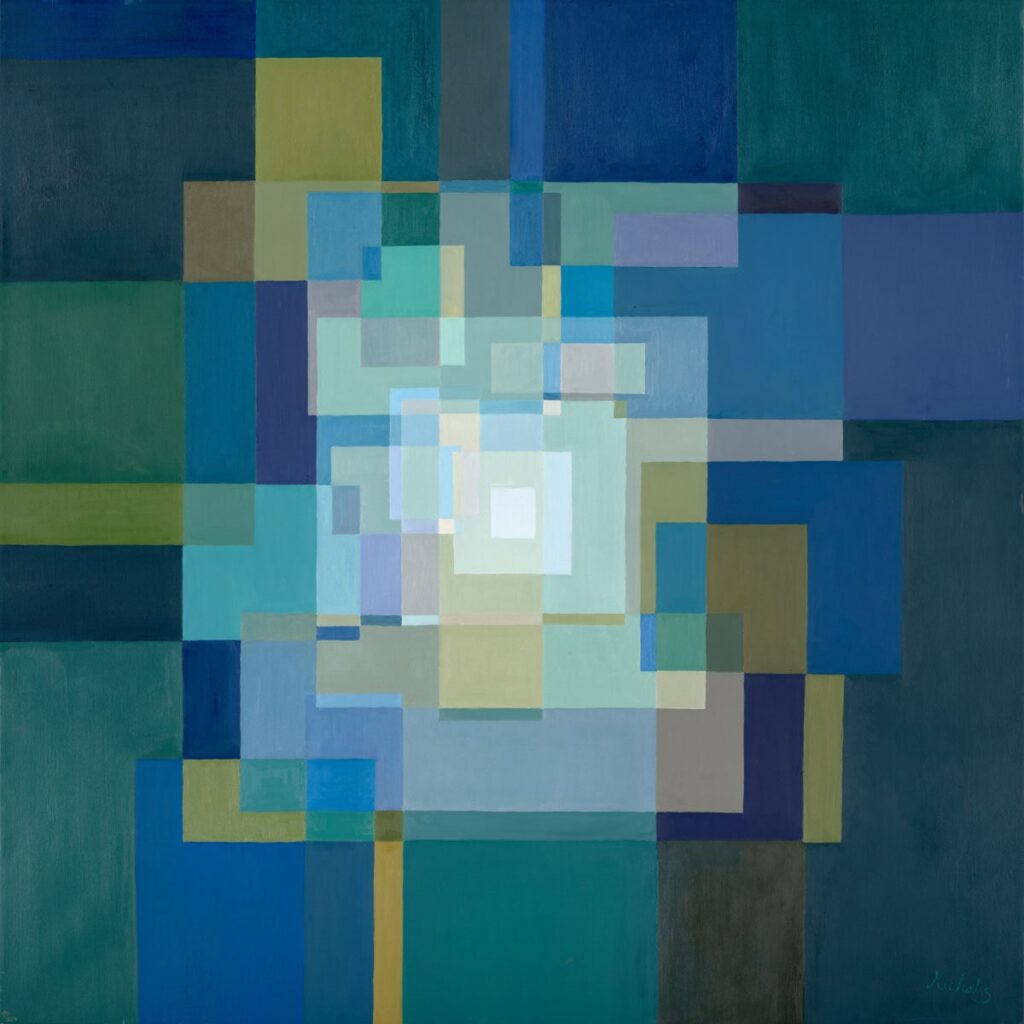Abstract painting The Soft Glow of the Menorah by Michal Shmuel, featuring geometric blue tones with a radiant white center symbolizing spiritual light.