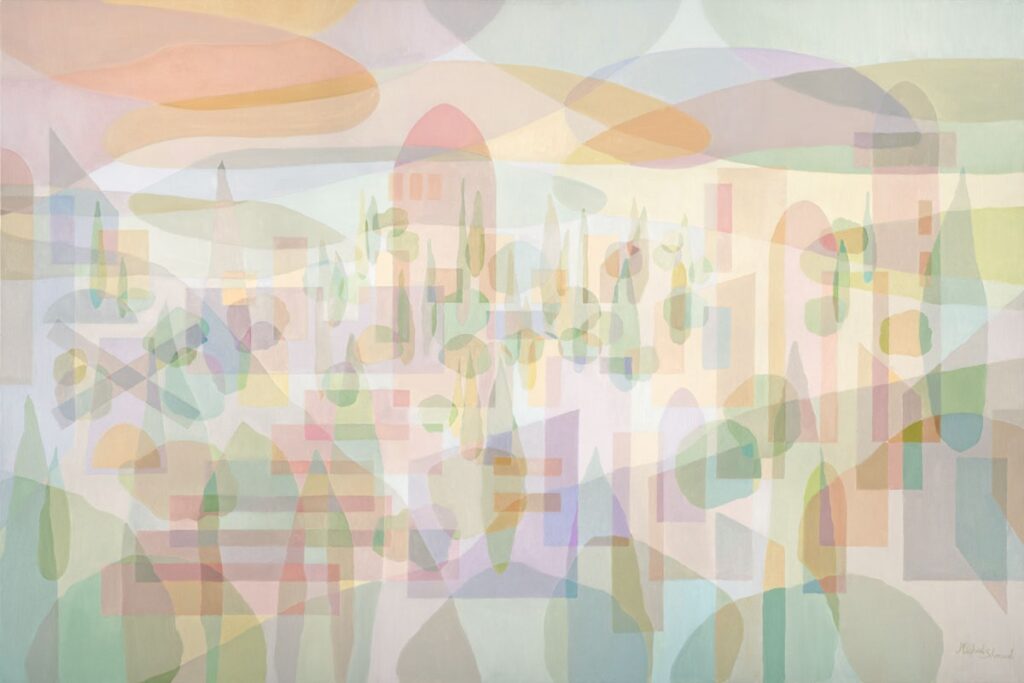Abstract painting Jerusalem of Spirit and Clarity by Michal Shmuel, featuring soft pastel hues, light stone forms, and layered shapes symbolizing the city’s spirituality.