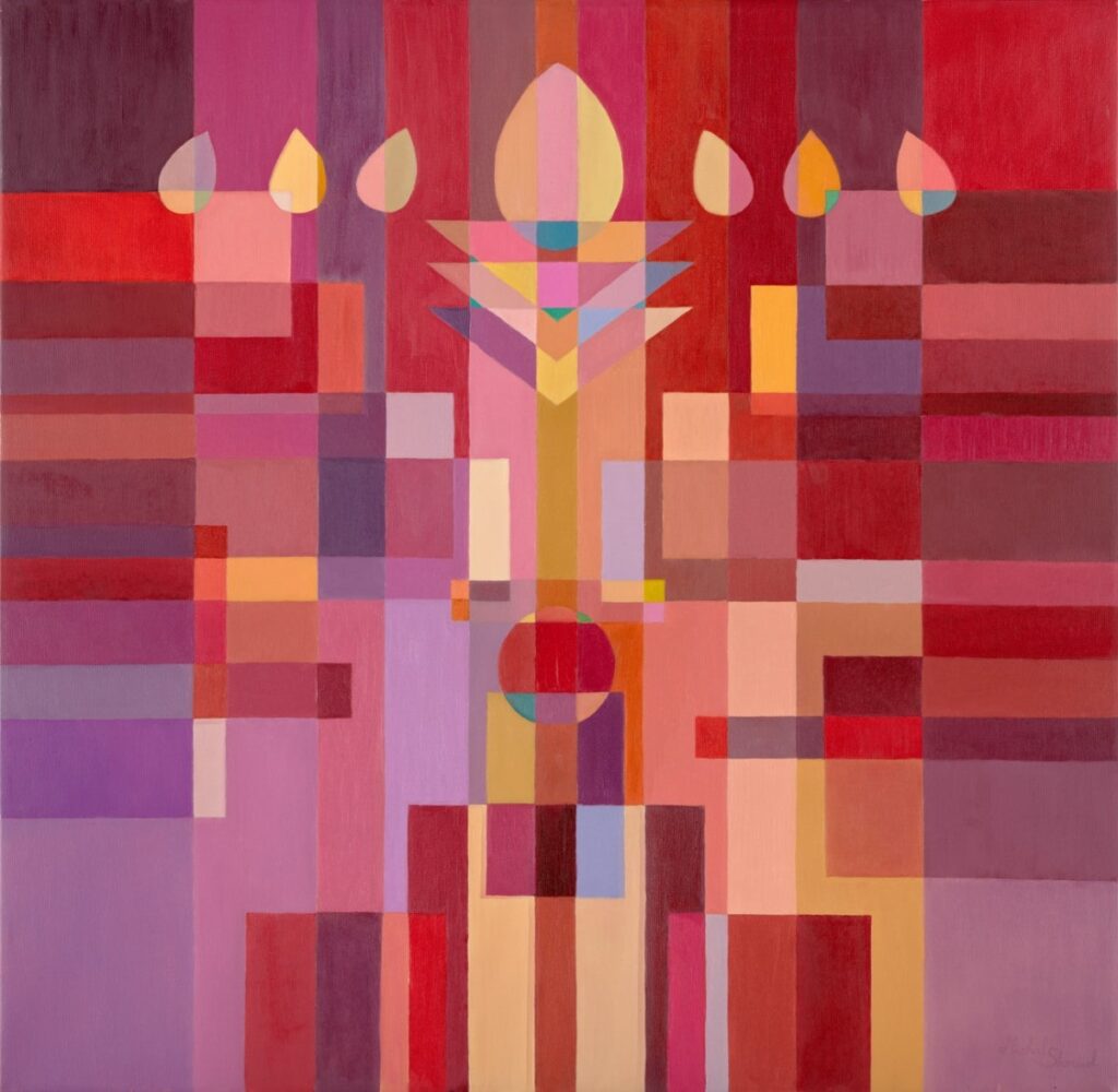 Abstract menorah painting Radiant Legacy: A Modern Menorah in Red by Michal Shmuel, featuring bold geometric patterns and a rich red palette symbolizing light, faith, and resilience.