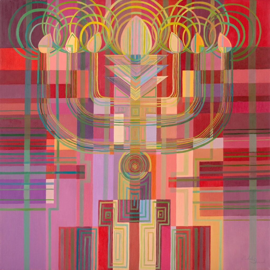 Abstract menorah painting Reflecting Light and Spirit by Michal Shmuel, with a vivid red color palette, geometric patterns, and glowing flames symbolizing Jewish tradition and illumination.