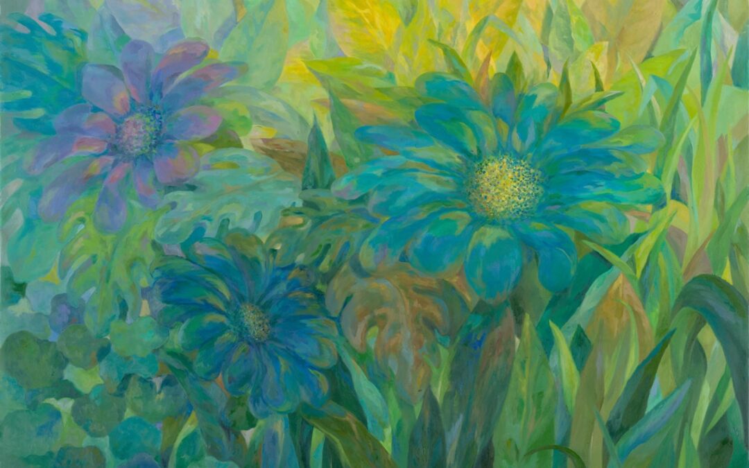 Abstract floral painting Nature’s Dance Between Stillness and Motion by Michal Shmuel, featuring blue and green blossoms with soft flowing lines evoking movement and tranquility.