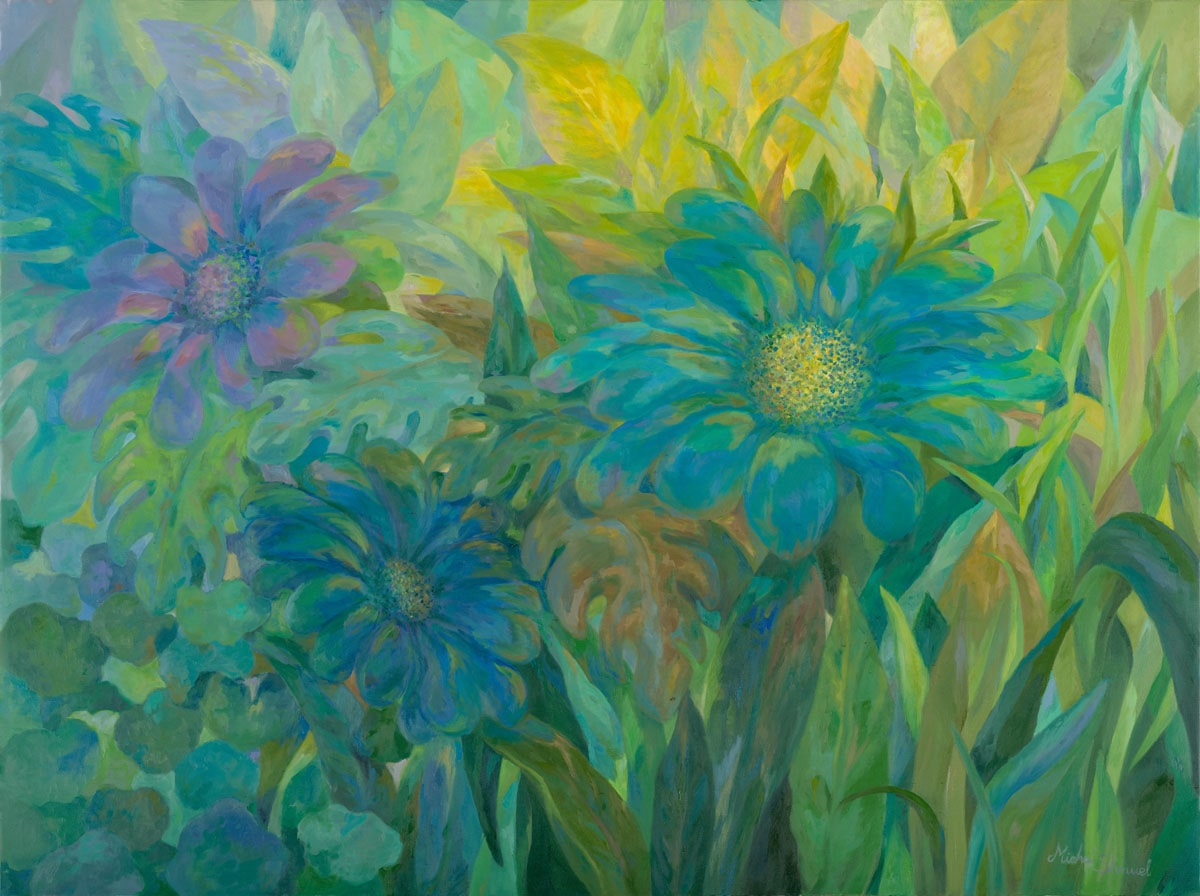 Abstract floral painting Nature’s Dance Between Stillness and Motion by Michal Shmuel, featuring blue and green blossoms with soft flowing lines evoking movement and tranquility.