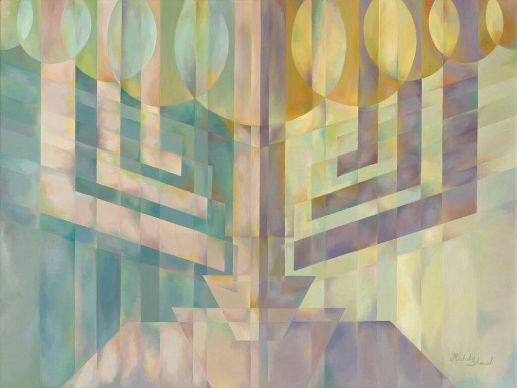 Abstract painting The Warmth of the Light of Hanukkah by Michal Shmuel, featuring geometric menorah shapes and soft glowing candlelight in warm pastel tones.