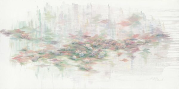Painting The Neshama of Jerusalem by Michal Shmuel, showing soft pastel lilies on water with the subtle reflection of Jerusalem’s cityscape.