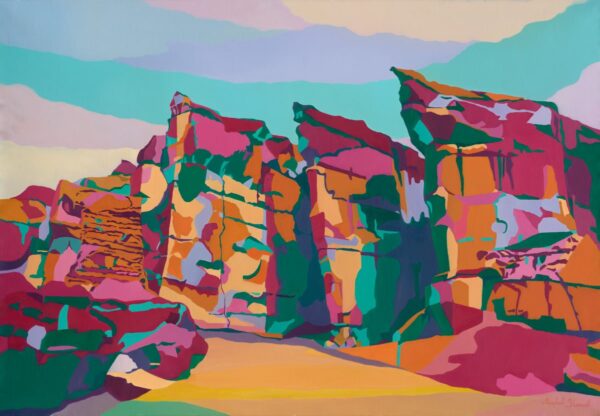 Painting Solomon’s Pillars by Michal Shmuel, depicting the Timna Valley rock formations in bold, abstract colors of pink, orange, green, and blue.