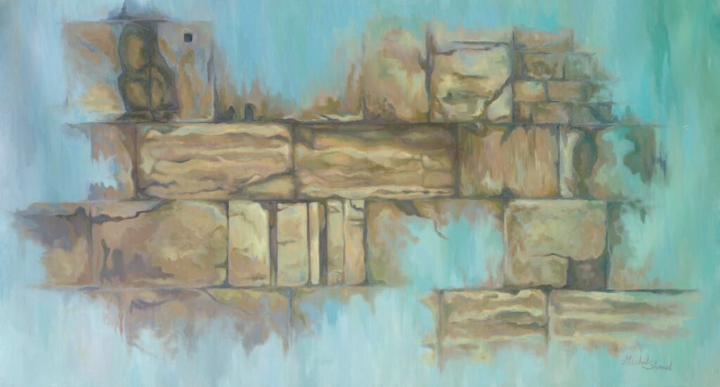 Painting Sacred Stones, Timeless Prayers by Michal Shmuel, depicting the Western Wall’s ancient stones set against a serene blue background.