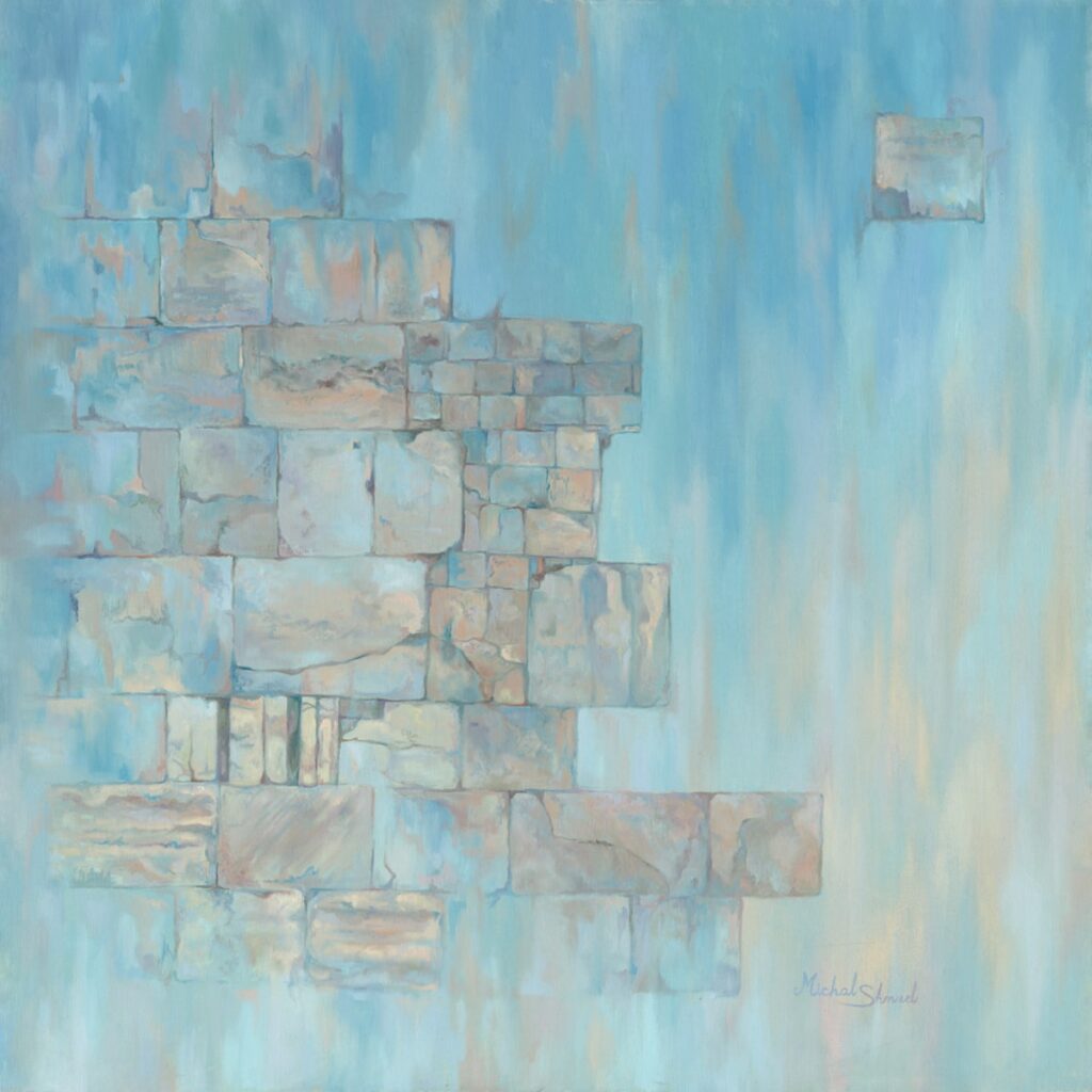 Painting Between Heaven and Earth: The Kotel’s Eternal Bond by Michal Shmuel, featuring abstract stones of the Western Wall against a calming blue background.