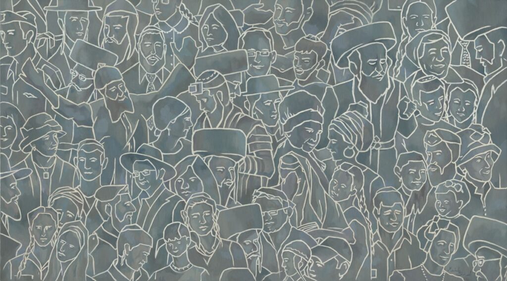 Painting One Soul, Many Faces by Michal Shmuel, featuring outlined Jewish men and women in gold over gray tones, symbolizing unity within diversity.