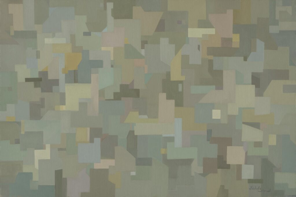 Abstract painting The Streets We Walk: Jerusalem's Timeless Layers by Michal Shmuel, featuring muted geometric blocks symbolizing Jerusalem’s layered history and culture.