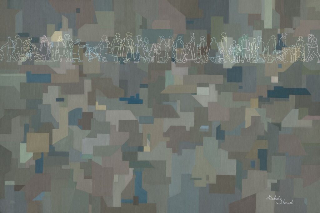 Painting An Ultra-orthodox (Hareidi) Neighborhood by Michal Shmuel, featuring abstract geometric city blocks with a strip of Orthodox Jewish figures above.