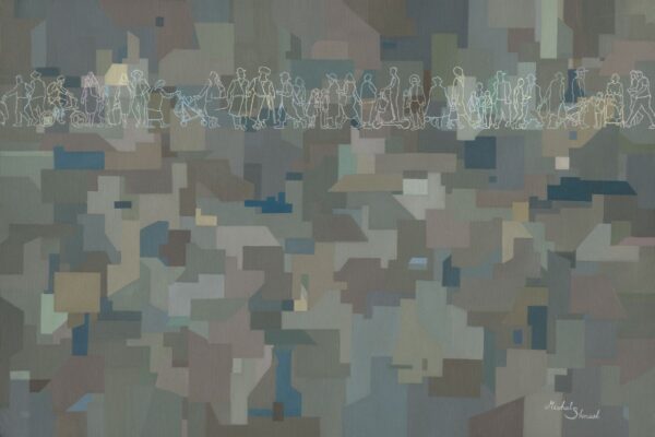 Painting An Ultra-orthodox (Hareidi) Neighborhood by Michal Shmuel, featuring abstract geometric city blocks with a strip of Orthodox Jewish figures above.