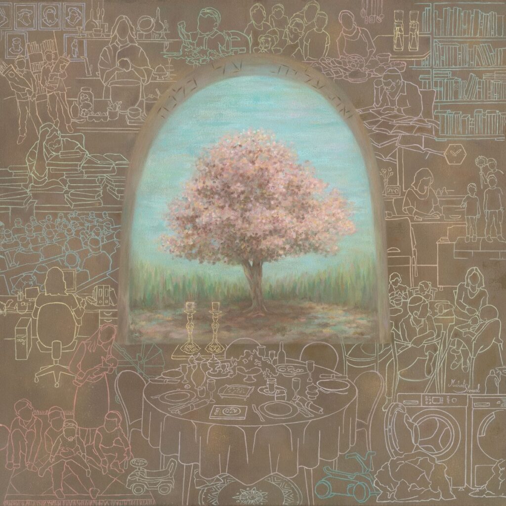 Painting Stories Beneath the Blossoms by Michal Shmuel, featuring a blooming almond tree surrounded by line-drawn scenes of Jewish life, study, prayer, and community.