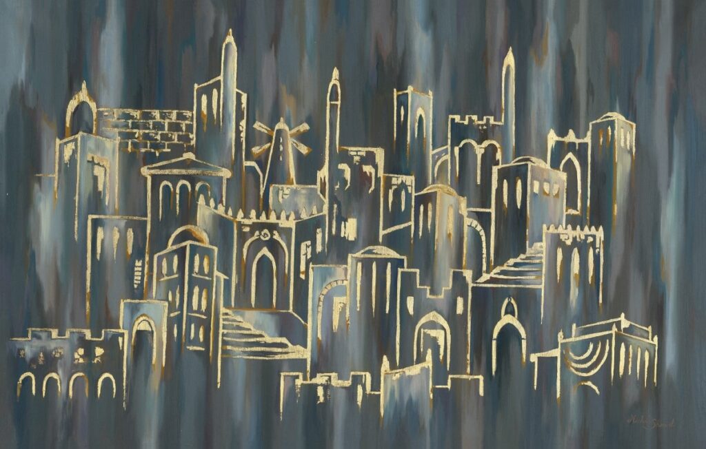 Painting of Jerusalem’s skyline with golden highlights on a gray background, symbolizing the city’s eternal light, by artist Michal Shmuel.