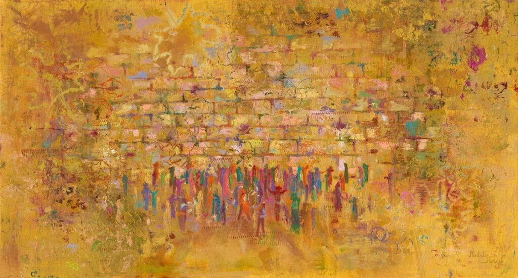 Painting The Warmth of Jerusalem’s Prayer by Michal Shmuel, depicting the Western Wall in golden yellow tones with abstract figures praying, symbolizing light, holiness, and unity.