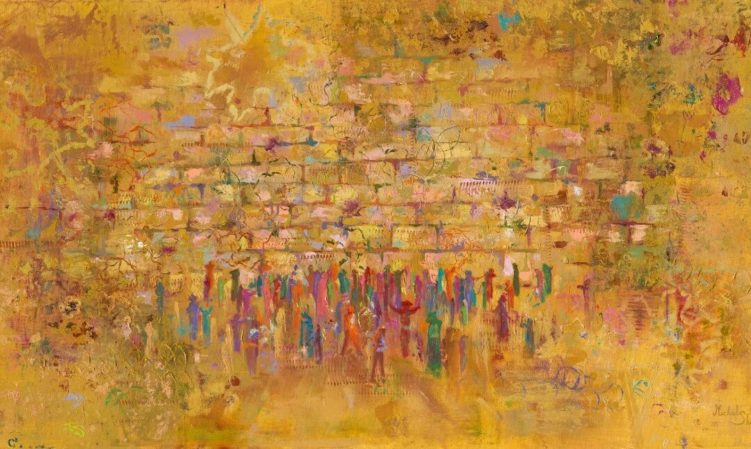 Painting The Warmth of Jerusalem’s Prayer by Michal Shmuel, depicting the Western Wall in golden yellow tones with abstract figures praying, symbolizing light, holiness, and unity.