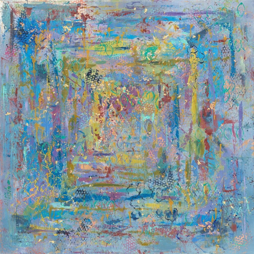 Abstract painting Colors of the Kotel’s Spirit by Michal Shmuel, depicting the Western Wall through vibrant blues, golds, and textured layers symbolizing prayer and faith.