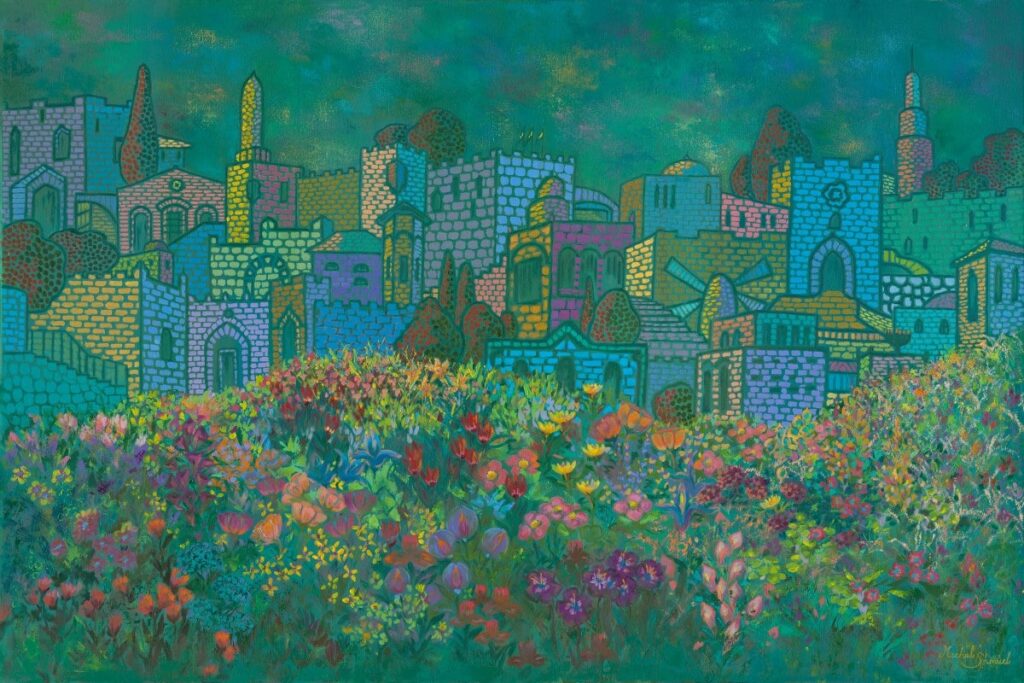 Painting Emerald Tones, Eternal City by Michal Shmuel, depicting Jerusalem’s landmarks in deep green hues with vibrant wildflowers blooming in the foreground.