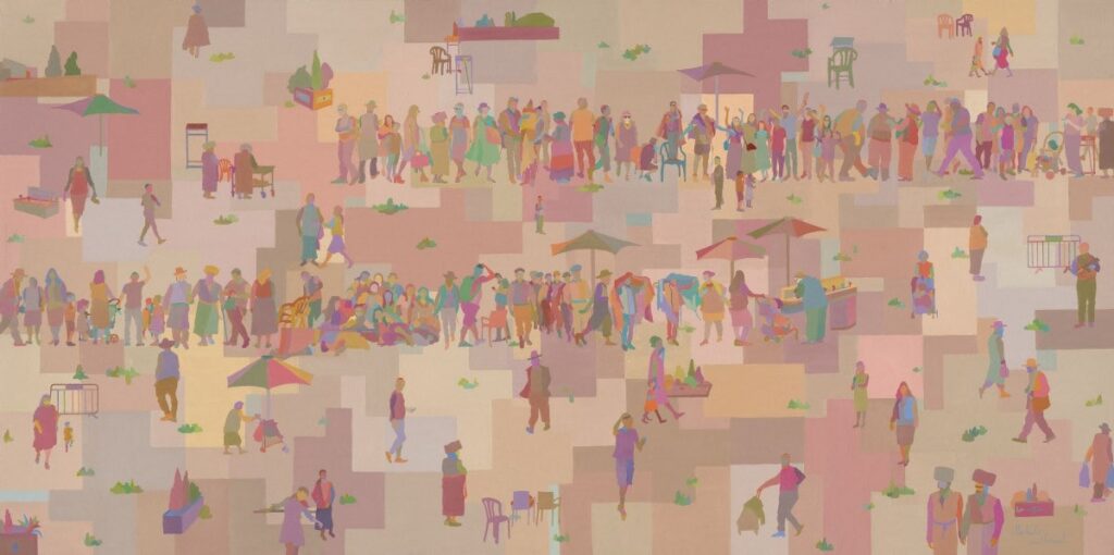 Painting The Tapestry of Faith by Michal Shmuel, showing diverse figures engaged in daily Jewish life, rendered in soft pink and pastel tones.