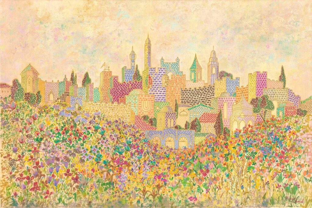 Painting A Blooming Jerusalem by Michal Shmuel, showing the city’s stone buildings in soft tones above a colorful field of native wildflowers under a textured sky.