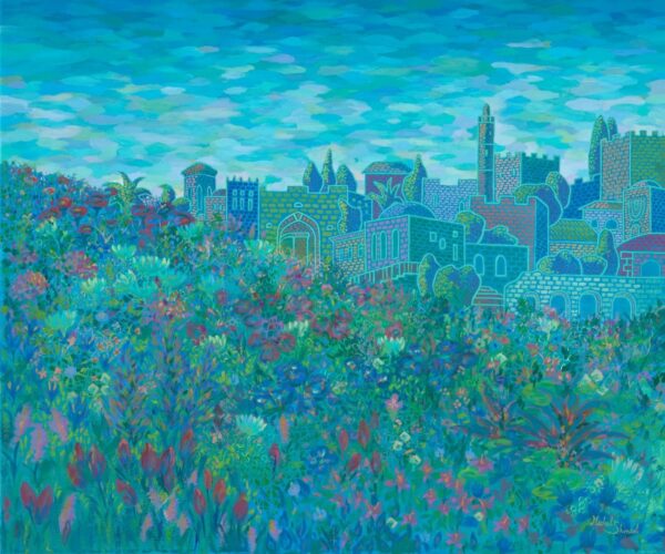 Painting Bright Blooms, Deep Roots by Michal Shmuel, featuring Jerusalem’s skyline in jewel-toned blues with a foreground of vibrant flowers merging with the hillside.