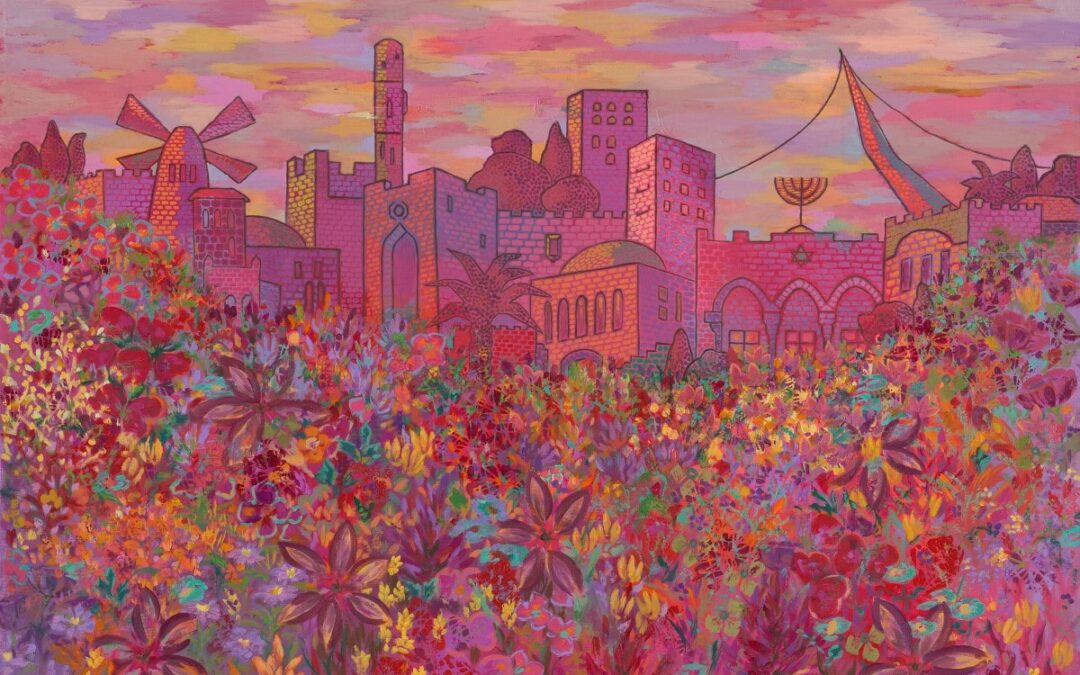 Painting Jerusalem Through Rose-Colored Lenses by Michal Shmuel, showing Jerusalem’s ancient and modern landmarks in vibrant shades of pink, with a field of colorful flowers in the foreground.