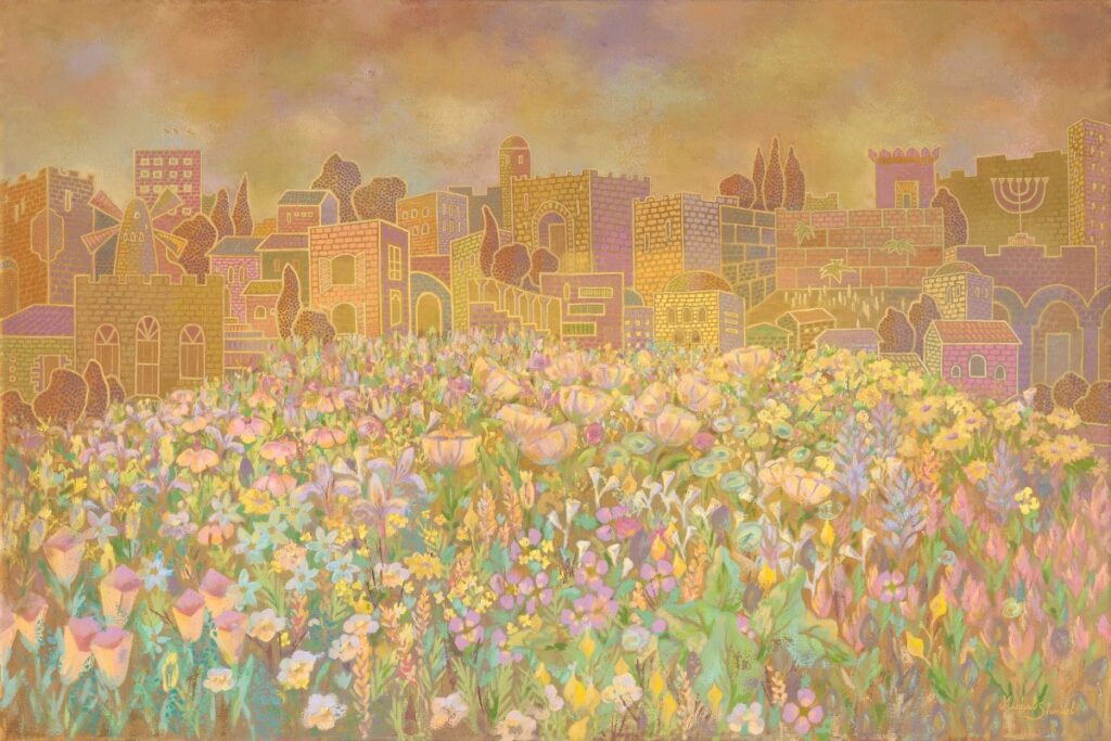 Painting Jerusalem in Bloom by Michal Shmuel, depicting the city’s ancient stone buildings in soft neutral tones above a vibrant field of blooming wildflowers.