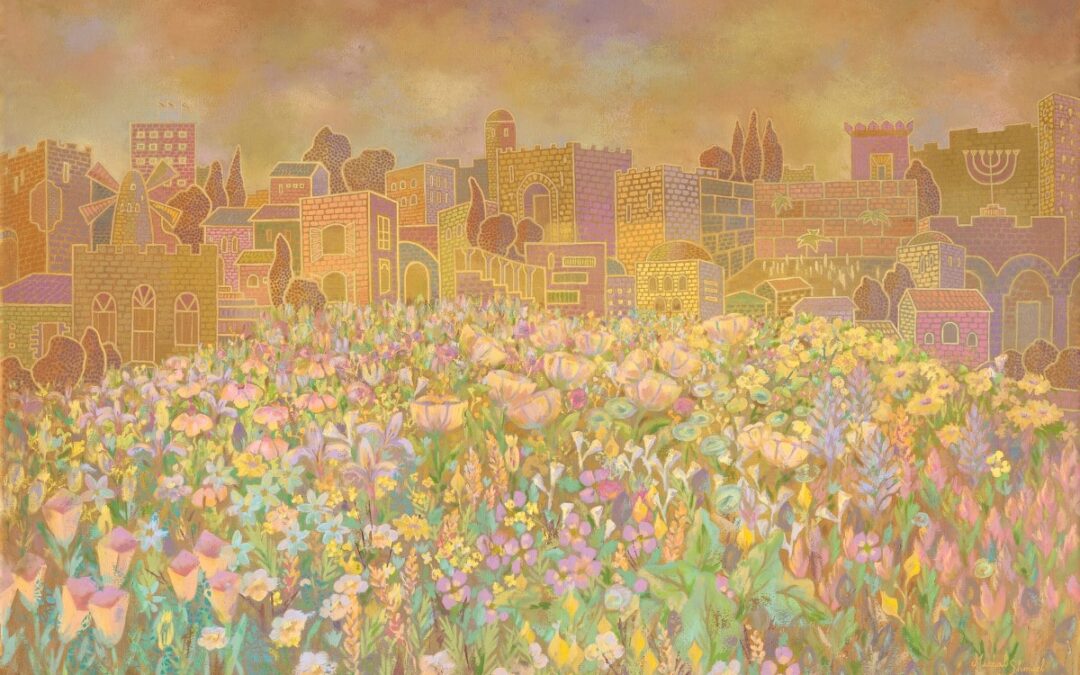 Painting Jerusalem in Bloom by Michal Shmuel, depicting the city’s ancient stone buildings in soft neutral tones above a vibrant field of blooming wildflowers.