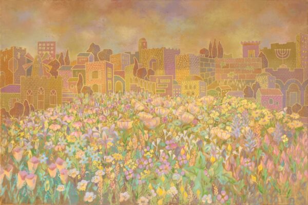 Painting Jerusalem in Bloom by Michal Shmuel, depicting the city’s ancient stone buildings in soft neutral tones above a vibrant field of blooming wildflowers.