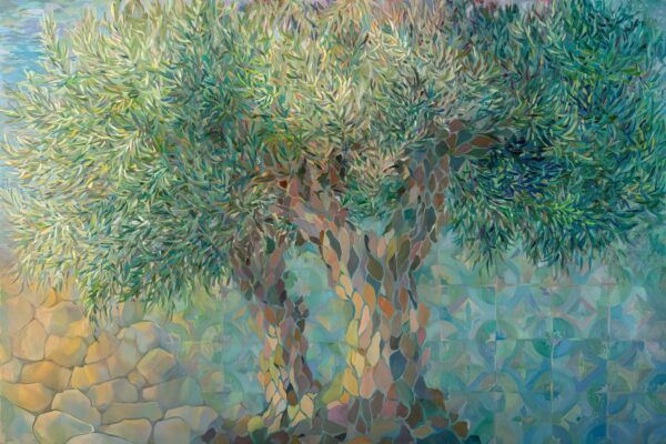 Painting Roots of Resilience by Michal Shmuel, depicting an olive tree with a textured gnarled trunk and shimmering green leaves, inspired by family heritage and the Ella Valley.