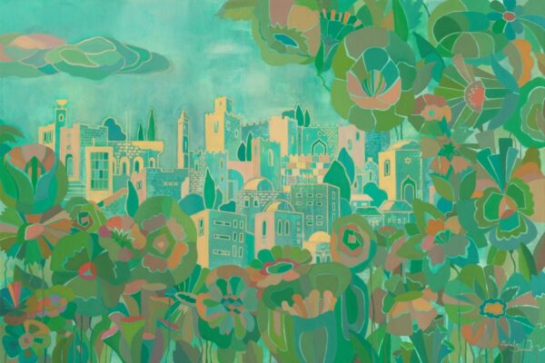 Painting Flourishing Faith: Flowers of Jerusalem by Michal Shmuel, showing Jerusalem’s skyline emerging from lush green tones and surrounded by vibrant flowers in the foreground.