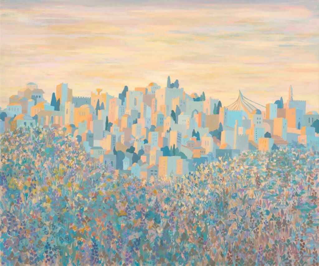 Painting The Holy City in Spring by Michal Shmuel, showing Jerusalem’s skyline with iconic structures above a field of colorful wildflowers under a warm, glowing sky.