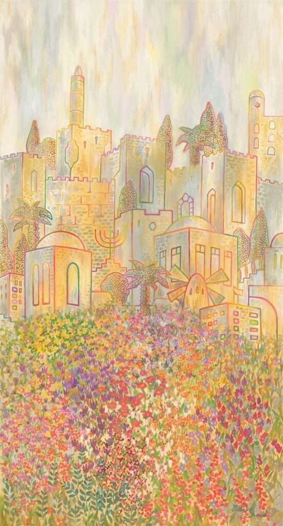 Painting Jerusalem Stands Between Heaven and Earth by Michal Shmuel, depicting the Old City of Jerusalem with golden stone walls, domes, and windmills rising above a field of colorful wildflowers under a soft sky.