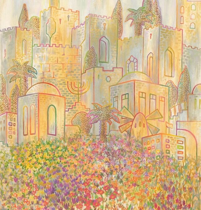 Painting Jerusalem Stands Between Heaven and Earth by Michal Shmuel, depicting the Old City of Jerusalem with golden stone walls, domes, and windmills rising above a field of colorful wildflowers under a soft sky.