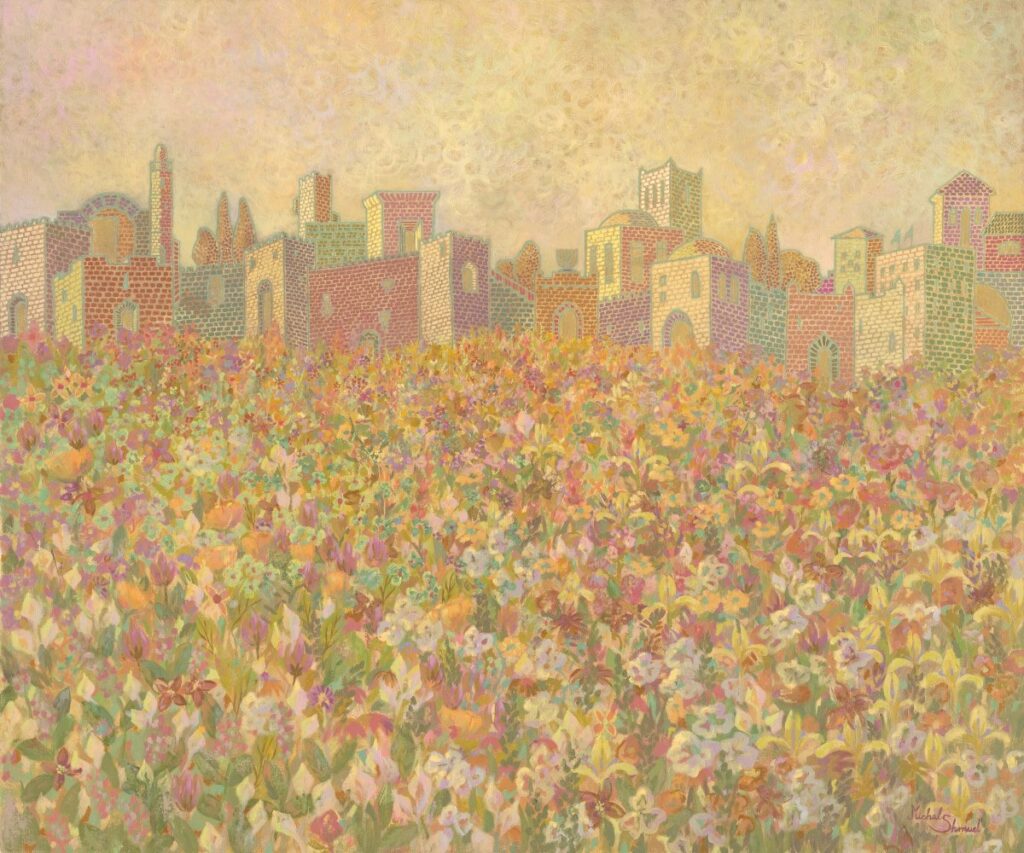Painting The Heart of the Jewish Nation by Michal Shmuel, depicting Jerusalem’s stone buildings rising above a vast field of colorful wildflowers under a softly textured sky.