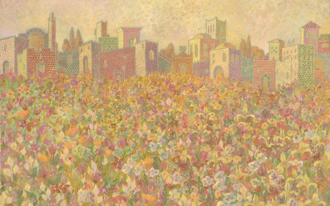 Painting The Heart of the Jewish Nation by Michal Shmuel, depicting Jerusalem’s stone buildings rising above a vast field of colorful wildflowers under a softly textured sky.