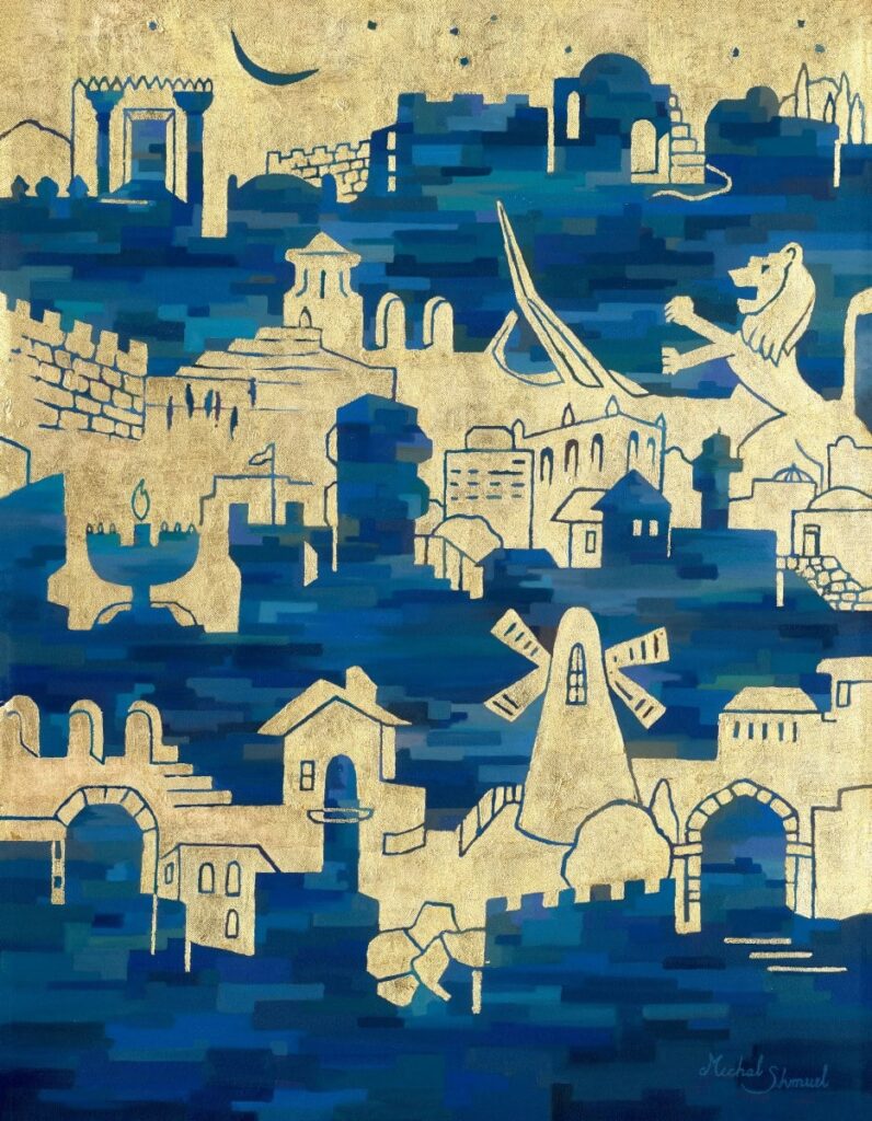 Abstract Jerusalem painting A City of Gold, A Homeland in Blue by Michal Shmuel, featuring gold-outlined landmarks on layered deep blue and gold background.