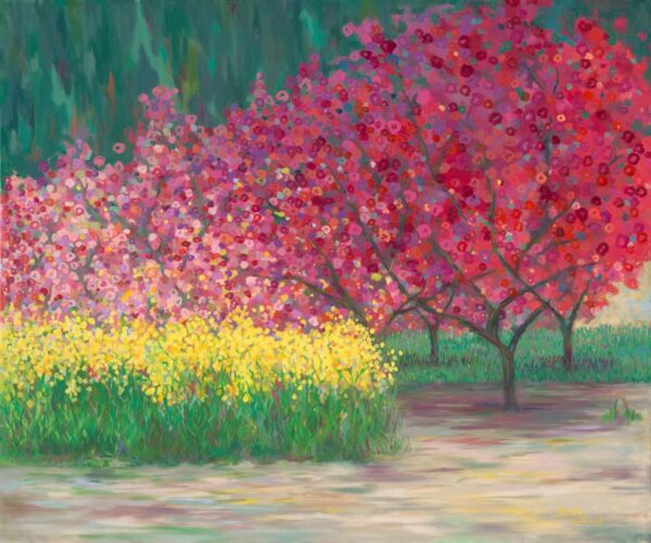 Painting Spring Awakening in Jerusalem by Michal Shmuel, showing bright pink blossoming trees and yellow flowers in full bloom, symbolizing renewal and connection to the Land of Israel.