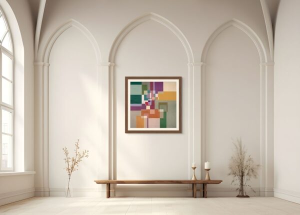 Framed abstract painting of a menorah reduced to minimalist geometric shapes, inspired by Piet Mondrian, symbolizing light and resilience, displayed in a modern interior