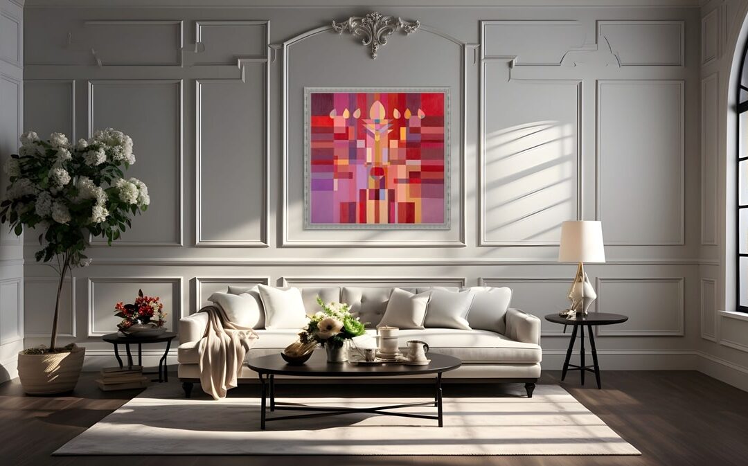Framed painting of a menorah in rich red tones with geometric patterns radiating outward, blending modern design with Jewish tradition, displayed in a contemporary interior