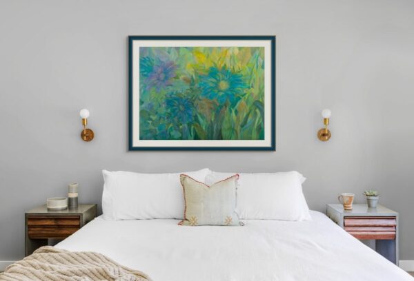 Framed painting of abstract flowers in soft blue and green tones, symbolizing serenity, rhythm, and the harmony of nature, displayed in a modern interior