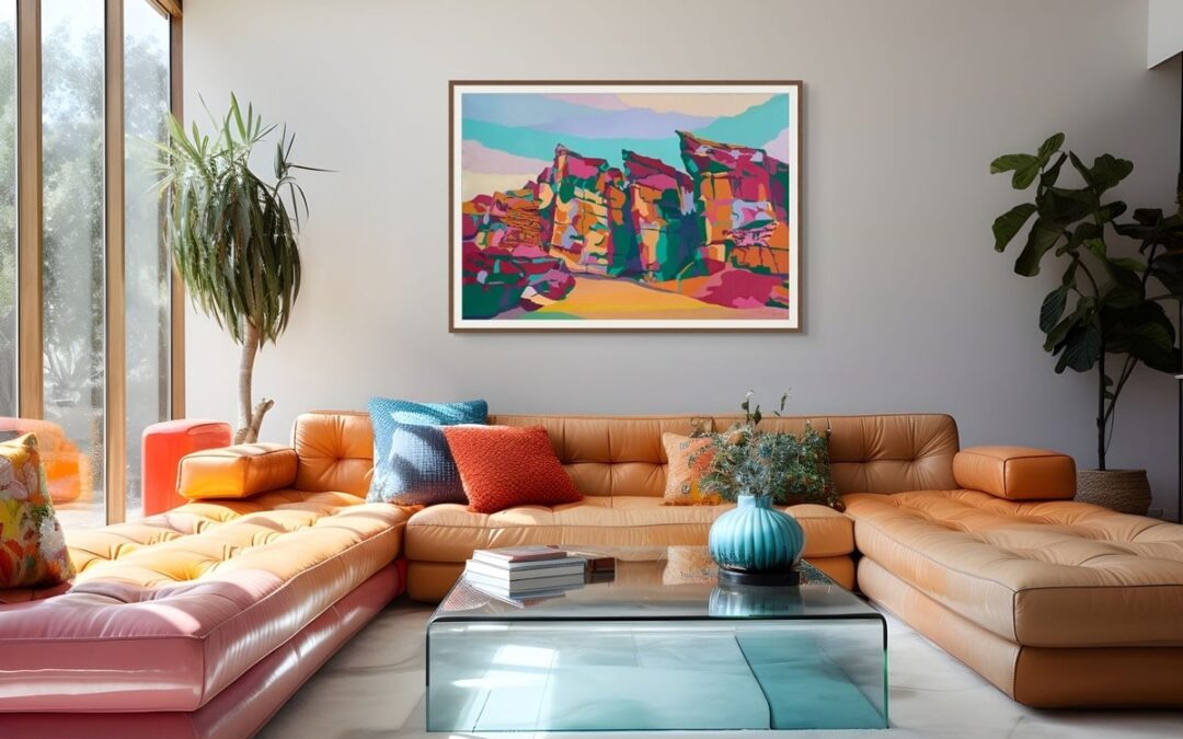 Framed painting of Solomon’s Pillars in Timna Valley, reimagined in bold abstract colors to emphasize their towering desert presence and historical significance, displayed in a modern interior