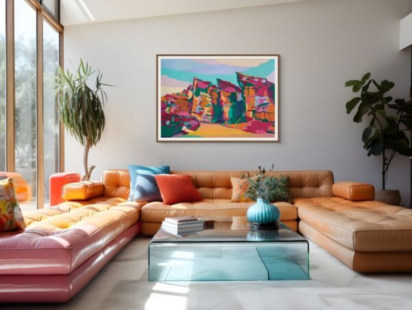 Framed painting of Solomon’s Pillars in Timna Valley, reimagined in bold abstract colors to emphasize their towering desert presence and historical significance, displayed in a modern interior