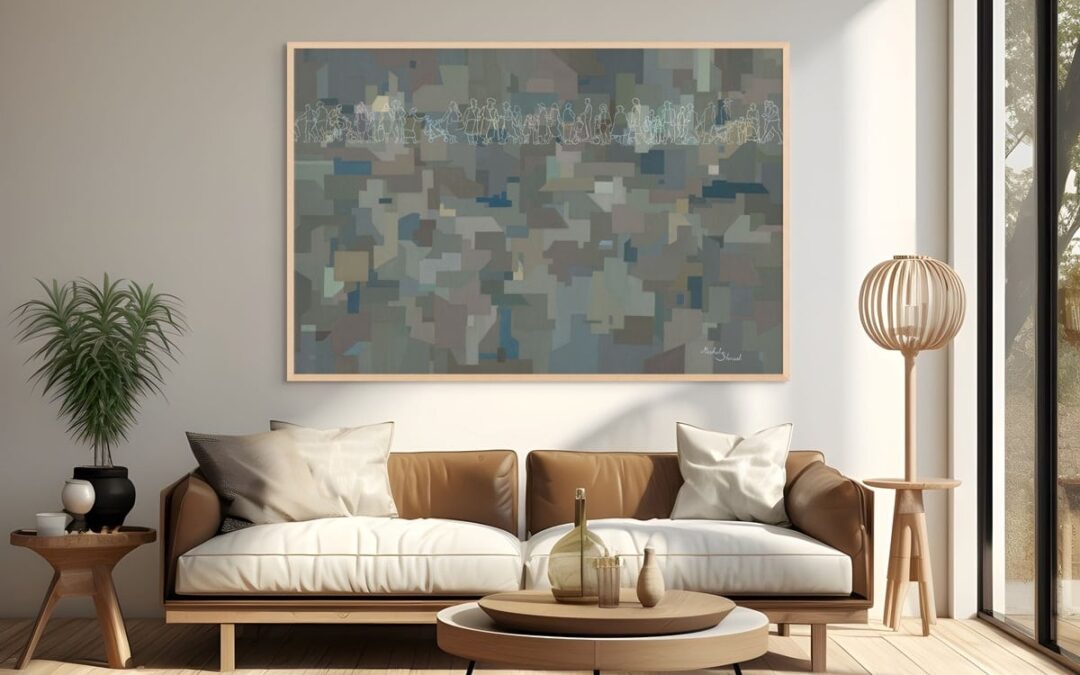Framed painting of Bnei Brak inspired urban scene with geometric buildings and figures, symbolizing daily life, community, and individuality, displayed in a modern interior