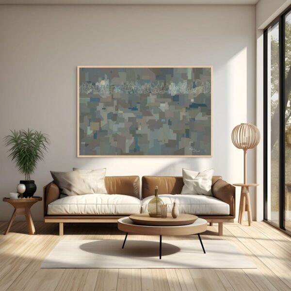 Framed painting of Bnei Brak inspired urban scene with geometric buildings and figures, symbolizing daily life, community, and individuality, displayed in a modern interior