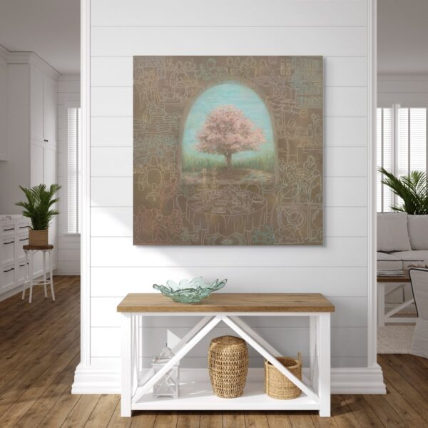 Framed painting of a blossoming almond tree surrounded by Jewish men and women engaged in study, prayer, work, and community, symbolizing renewal, unity, and tradition, displayed in a modern interior