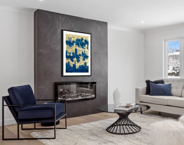 Framed painting of Jerusalem in deep blue and gold tones with layered composition, blending modern aesthetics with historic and spiritual landmarks, displayed in a contemporary interior