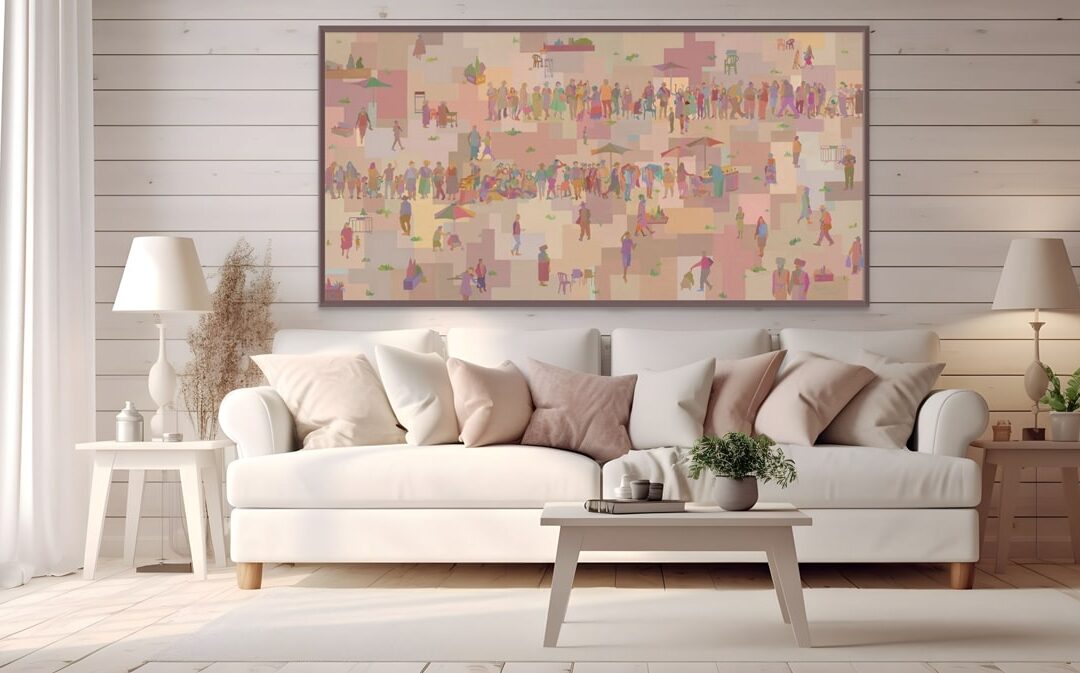 Framed painting of Jewish life in soft pink tones with diverse figures engaged in daily activities, symbolizing faith, community, and heritage, displayed in a modern interior