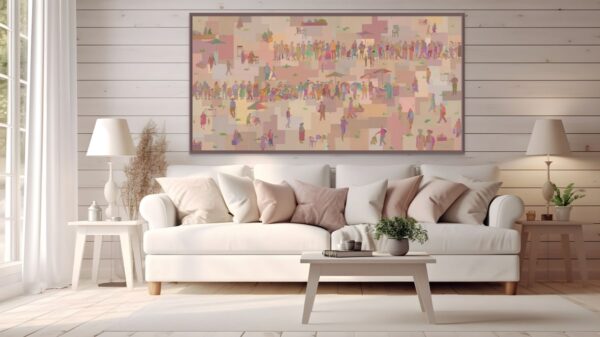 Framed painting of Jewish life in soft pink tones with diverse figures engaged in daily activities, symbolizing faith, community, and heritage, displayed in a modern interior