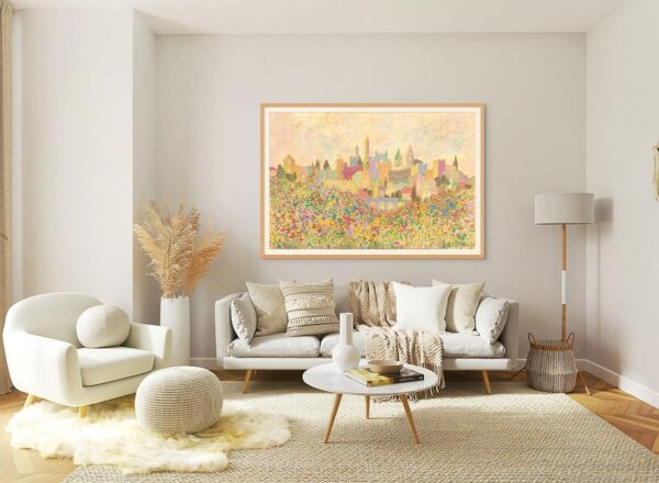 Framed painting of Jerusalem in soft neutral tones with wildflowers in the foreground and a textured sky above, symbolizing vitality, renewal, and spirituality, displayed in a modern interior